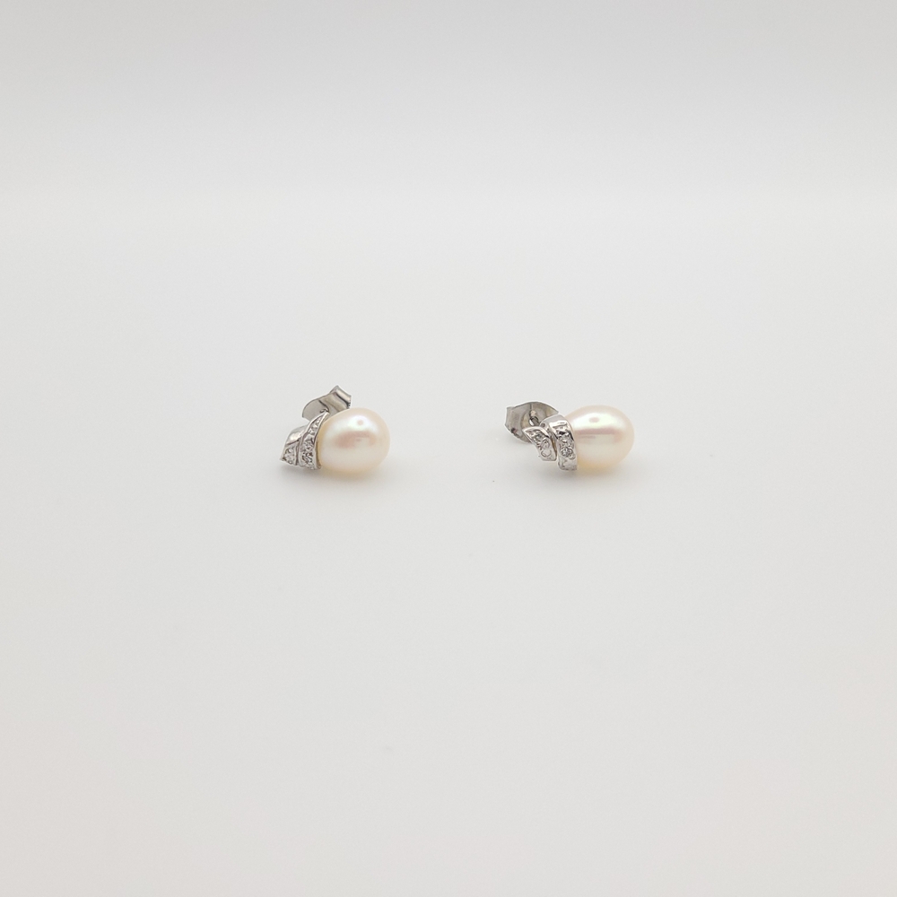 Freshwater Pearl Stud Earrings Silver CZ Accent Classic Bridal Style - Picture 5 of 8